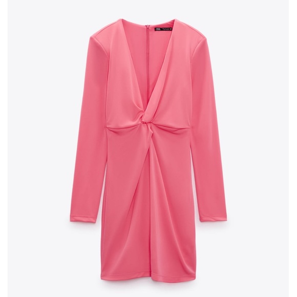 Zara Dresses Nwt Zara Stretchy Knotted Dress Neon Pink Long Sleeves